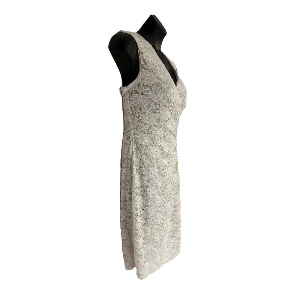 Connected Lace Sequin Side Pleat Ivory Knee Length Sheath Night Out Party Dress - Picture 5 of 16